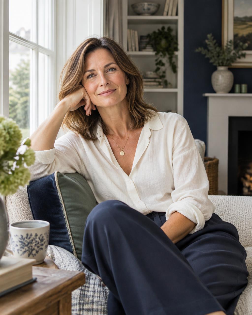 Confident midlife woman relaxing at home in morning light